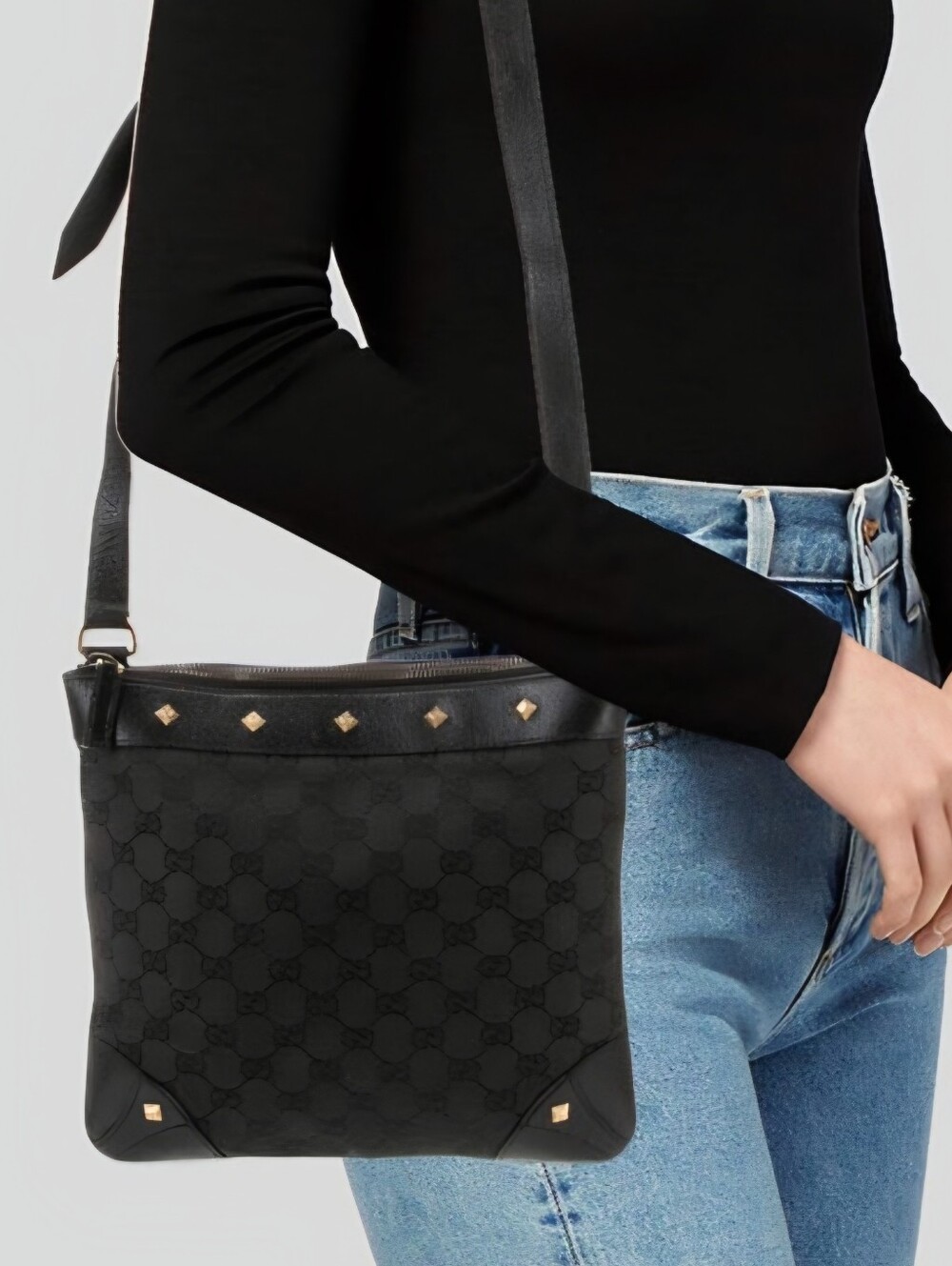 Black GG Monogram Shoulder Bag with Gold Stud Accents - Picture 5 of 16